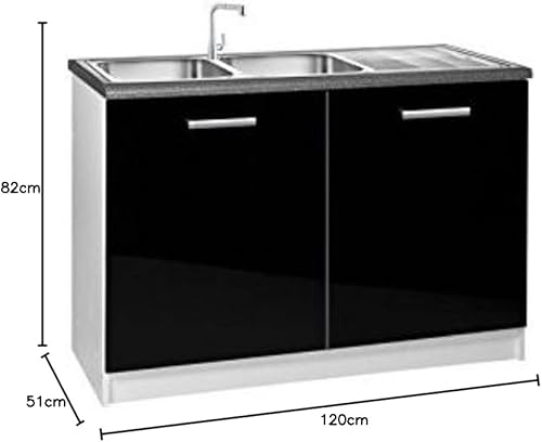 Tendencio Meuble de Cuisine Bas sous-evier 120 cm Tara Noir laqué Brillant - Nail Gallerys