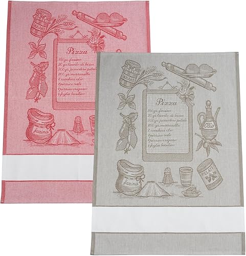 Filet - Lot de 2 torchons de Cuisine en Jacquard avec Insert en Toile Aïda 5.5 PTS/cm à Broder, Parfaits pour sécher la Vaisselle, fabriqué en Italie, Motif Pizza, Couleur Rouge et Corde - Nail Gallerys