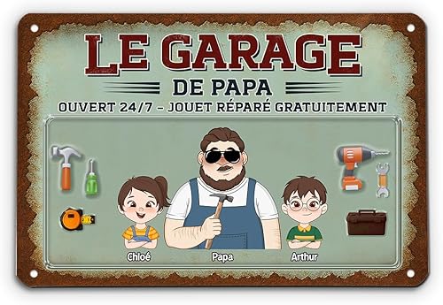 Cadeau Plus Plaque Métal Personnalisée - Le Garage De Papa Bricoleur - Plaque metal vintage, deco garage vintage, cadeaux fetes des pere, plaque vintage, cadre papa (1 Enfant) - Nail Gallerys