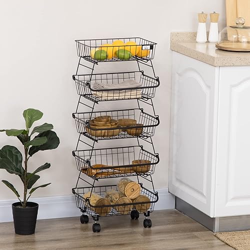 HOMCOM Panier de fruits et légumes avec roues, corbeille à fruits à 5 niveaux, support de rangement pour fruits avec roulettes, empilables, chariot de rangement pour cuisine en acier, 40 x 28 x 97 cm - Nail Gallerys