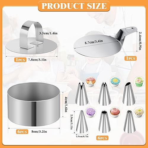 WOOWAIR 134PCS Ensemble de Cercle à Patisserie, 6 Emporte-Pièces Ronds de Ø 8cm, 16 Pochoirs à Café, 50 Planches à Gâteau de Ø 9cm, 50 Poches à Douilles, 6 Douilles en INOX, 2 Adaptateur, 2 Attaches - Nail Gallerys