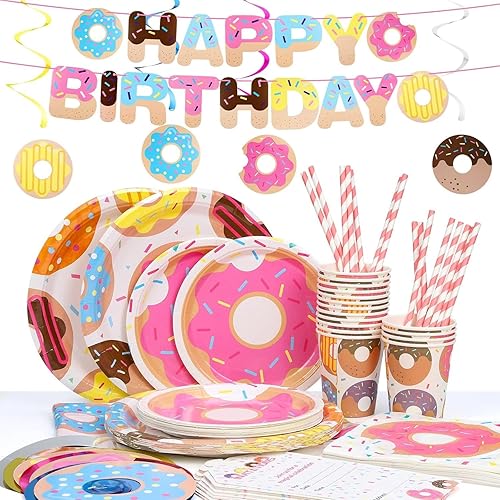 Gtuzkheu 110pcs Set de Vaisselle Beignet, 16 invités Décorations Anniversaires Tasse Papier Nappe Serviette Assiette Paille pour Enfants Party Fête Filles Noël Baby Shower Mariages - Nail Gallerys