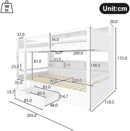 Zubaliya Lit superposé 90x200 cm, lit Simple Enfant avec tiroirs et Compartiment de Rangement, Blanc (Matelas Non Inclus) - Nail Gallerys