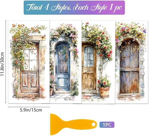 GLOBLELAND 4 feuille de Transfert de Meuble de Cadre de Porte Vintage 11.8x5.9 pouces Fleurs Arbres Frotter Sur Transfert Plantes Vertes Autocollants Auto Adhésifs UV Art Mural Artisanat pour Meubles - Nail Gallerys