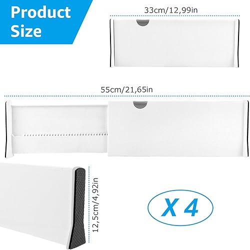 GBACHOOSE Lot de 4 Separateur Tiroirs, Séparateur de Tiroir Réglable 33-55 cm, Separateur Tiroir Plastique, Séparateur Tiroir Blanc, Diviseur de Tiroir pour Cuisine, Coiffeuse, Salle de Bain, Chambre - Nail Gallerys