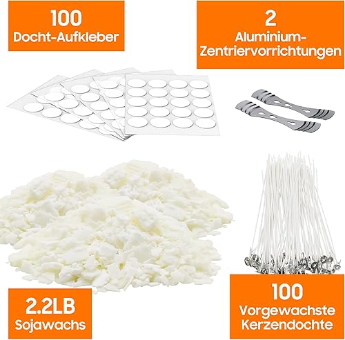 Kit de cire de soja de qualité supérieure - Cire de soja naturelle - Mèches 100 % coton - 100 autocollants pour mèche - 2 supports de mèche - Accessoires complets pour fabrication de bougies DIY - Nail Gallerys