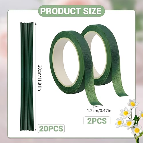 Hawdows 20Pcs Tiges Fleurs Artificielles, Lot de 2 Ruban de Fleuriste, Ruban Adhésif Floral Vert, Accessoires pour Cure-pipes, Accessoires pour Pipe Chenille, pour Enveloppement de Bouquets - Nail Gallerys