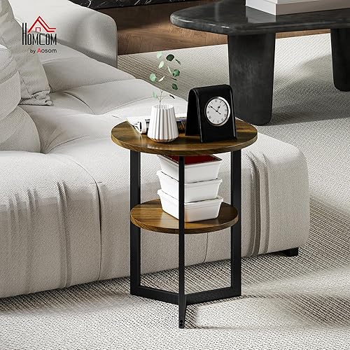 HOMCOM Table d'appoint Ronde, Table Basse Salon Industriel avec étagères de Rangement et Cadre en Acier, Bout de canapé pour Salon, Chambre, Ø 40 x 48 cm, Marron - Nail Gallerys