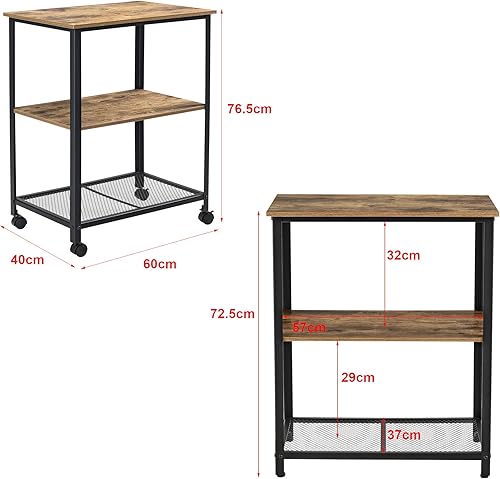 [en.casa] Chariot de Service Chariot de Cuisine Roulant Desserte roulettes Vérouillables Panneau de Particules Métal Plastique 76,5 x 60 x 40 cm Bois Foncé Noir - Nail Gallerys