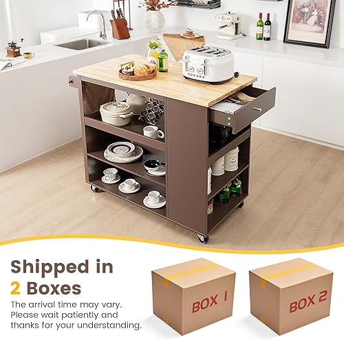 KOMFOTTEU Chariot de cuisine avec roues, île de cuisine en bois avec 8 compartiments, étage, tiroir, porte-serviettes, chariot de service multifonctionnel, 116,5 x 60 x 98,5 cm (marron) - Nail Gallerys
