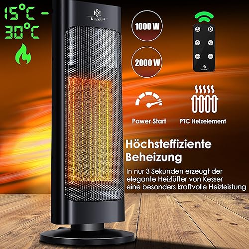 KESSER® Radiateur Soufflant avec Télécommande - Économe en Energie - Silencieux - 2000 W - En Céramique - 15-30 °C - Chauffage Rapide avec Fonction Oscillation de 80 ° - Minuterie 24 h (Noir) - Nail Gallerys
