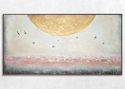 YS Tableau decoration murale salon Énergie du soleil Tableau peinte à la main paysage d'été couleurs claires avec de l'or Décoration intérieure avec cadre 140x70 cm - Nail Gallerys