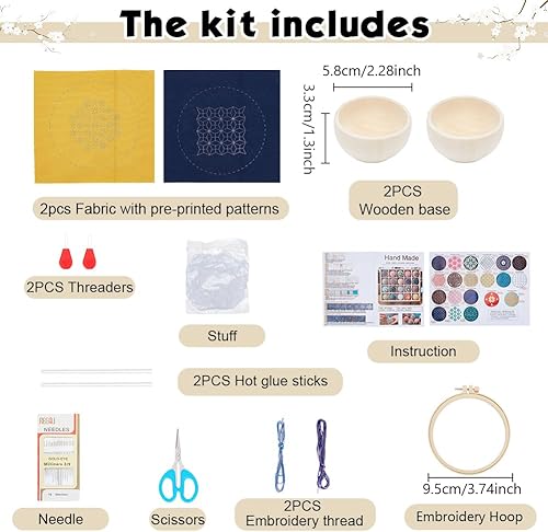 WEBEEDY 2 Sets Bricolage Kit Coussin à Epingles Sashiko Base en Bois Coussin à Epingles pour Couture Sashiko Fil et Aiguilles Kit de Broderie Main Style Japonais Porte-aiguilles(Bleu,Jaune) - Nail Gallerys