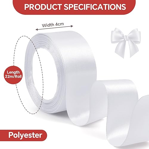 ihaspoko Ruban Satin Blanc 4cm x 22m - Cadeau pour Emballage, Mariage, Décoration de Fête | Ruban Tissu Polyester Brillant pour DIY, Noeuds Papillon, Cartes​ - Nail Gallerys
