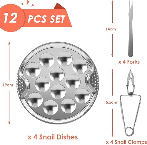 AUROAY 12 Pièces Service à Escargots Acier Inoxydable, 4 Plats à Escargots 12 Trous Ø19cm, avec 4 Pinces à Escargots + 4 Fourchettes, Parfait pour Escargots, Huîtres, Fruits de Mer - Nail Gallerys