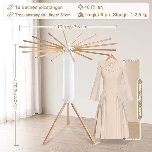 Suusolny Séchoir à linge pliable à trois pieds - Peu encombrant - Portable - Extensible - En bois de hêtre - Peu encombrant - Idéal pour l'extérieur, le balcon, la chambre à coucher, la maison - 119 x - Nail Gallerys