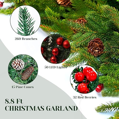 Guirlande de Noël pré-éclairée avec lumières, Fleurs et Boules, Guirlande de Noël pour décoration d'intérieur, extérieur, intérieur, cheminée, escalier, Rouge - Nail Gallerys