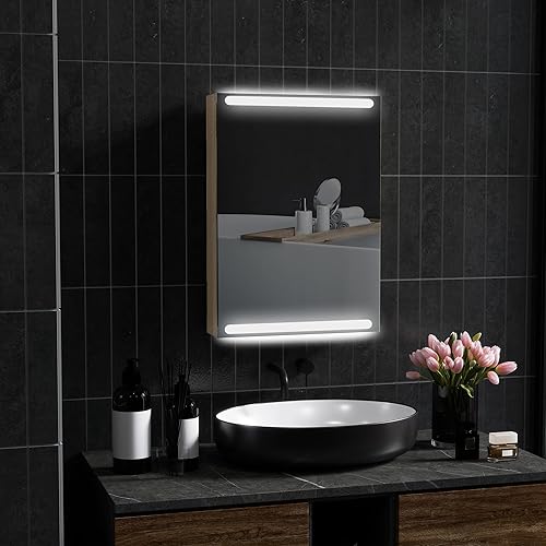 HOMCOM Armoire Murale, Meuble Salle de Bain avec Miroir, Armoire Suspendue avec éclairage LED et étagères en Verre réglables, 50 x 12,5 x 70 cm, Finition Bois Naturel - Nail Gallerys