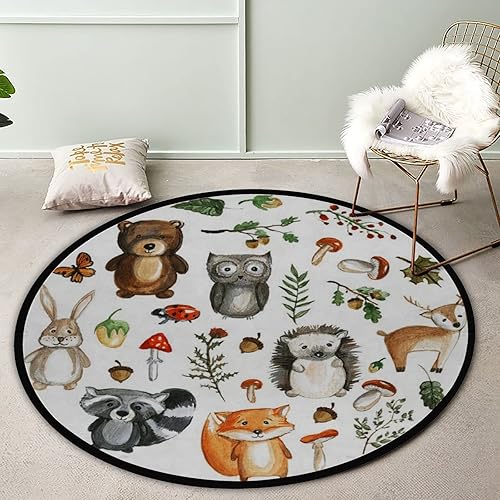 Vantaso Tapis rond pour chambre d'enfant - Animaux de la forêt mignons - Antidérapant - 91 cm - Pour chambre d'enfant, salle de jeux - Nail Gallerys