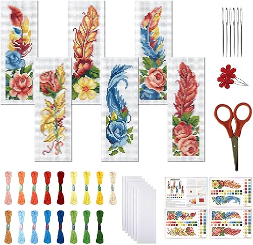 FREEBLOSS 6 ensemble de Kits de Marque Pages au Point de Croix Motif Plumes Kit de Broderie au Point de Croix Kit de Bricolage avec Instructions pour Débutants 6x20cm - Nail Gallerys