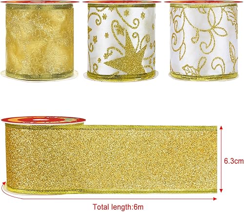 LIHAO 4 Rouleaux de Ruban de Noël, Runban de Soie Pailleté pour Décoration de Sapin de Noël, Fête de Mariage, Emballage de Cadeau (600×6.3CM, 4 Motifs) - Nail Gallerys