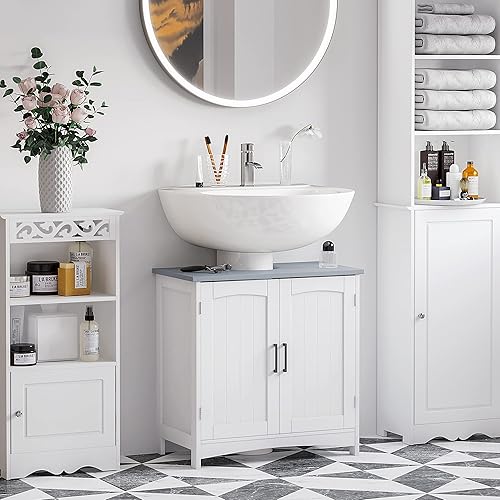 kleankin Meuble Salle de Bain sous lavabo, Meuble sous lavabo avec Double Portes, étagère réglable, 60 x 33 x 60 cm, Blanc - Nail Gallerys