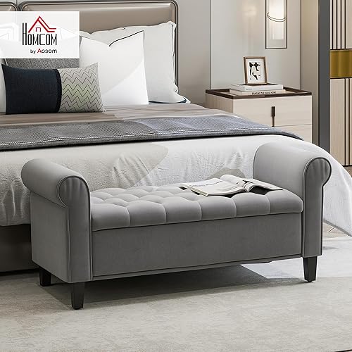 HOMCOM Banc de Rangement Bout de lit avec accoudoirs, Coffre de Rangement en Tissu Velours rembourré et capitonné, Charge jusqu'à 120 kg, pour Salon, Chambre, entrée, 126 x 48,5 x 57 cm, Gris - Nail Gallerys