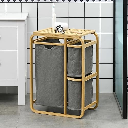 HOMCOM Panier à linge panier de rangement corbeille à linge bac linge sale en bambou 3 paniers amovibles et coulissants en non-tissé - 49l x 33P x 70H cm gris - Nail Gallerys