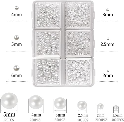 YOCDNOV 1 boîte Blanches Perle Demi Ronde- Perles à Dos Plat pour l'Artisanat Petites Perles Vrac pour Bricolage Colliers Bracelets Bijoux Robe de Mariée Arts des Ongles Fabrication（1,5/2/3/4/5/6mm） - Nail Gallerys