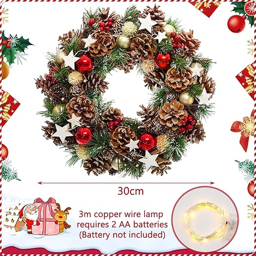 VIPNAJI LED Couronne de Noel Porte 35 cm Couronne Fleurs Artificielle Suspendues Décoration Noel avec Bowknot Jingle Guirlande Sapin de Noël Porte Décoration de Guirlande pour Cadre de cheminée Murale - Nail Gallerys