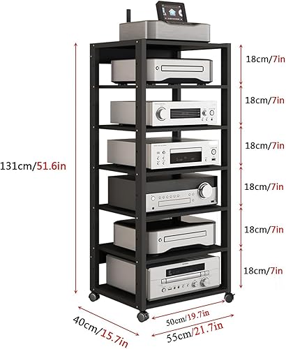 Meuble Chaine HiFi Support Multimédia Réglable À 7 Niveaux for La Maison, Tour Multimédia for Équipement Audio, Support Audio avec Roues Universelles, Armoire De Composants AV avec Cadre en Métal - Nail Gallerys