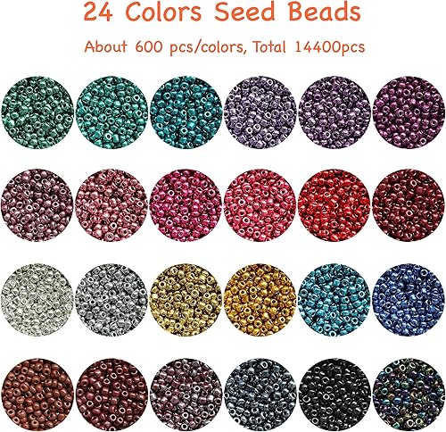 Bala&Fillic 11/0 Perles de rocaille, 24 couleurs 14400 pièces dans une boîte, petites perles pour la fabrication de bracelets, boucles d'oreilles, bracelets de cheville - Nail Gallerys