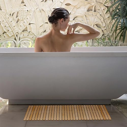 Relaxdays Tapis de Bain, Descente de Douche en Bambou, antidérapant, Enroulable, 80 x 50 cm, Nature et Blanc - Nail Gallerys