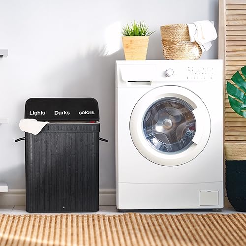 Relaxdays Panier à Linge, Bambou, 3 Compartiments, 30 L par bac, Coffre Couvercle, poignées, HxLxP 63x55x35 cm, Nature - Nail Gallerys