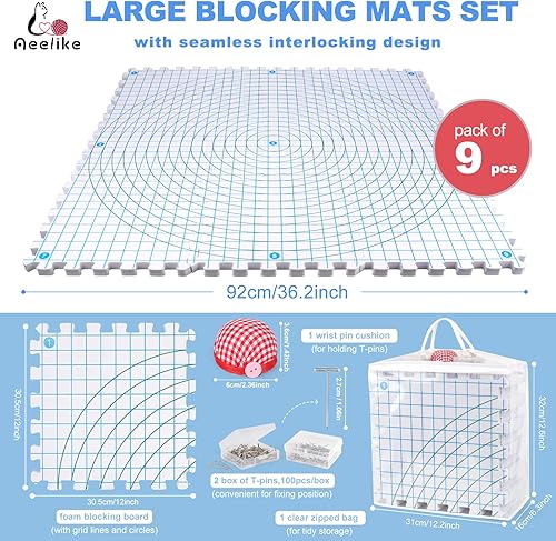 Aeelike Tapis de Blocage Tricot avec 200 Aiguilles en T et Coussin à Aiguilles, Plaque de Blocage avec Grille, Kit de Blocage Tricot pour Granny Square Tension et Crochet Travaux d'Aiguille Lace - Nail Gallerys