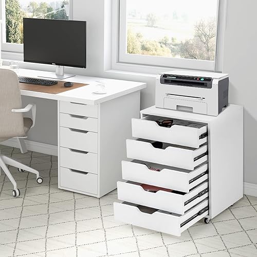 COSTWAY Caisson Bureau 5 Tiroirs, Caisson de Rangement à Roulette avec Poignée, pour A4, Lettre, 2 Roues avec Frein, 49 x 40 x 65 cm, Blanc - Nail Gallerys