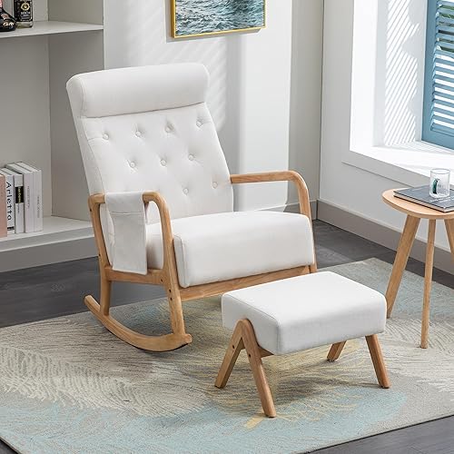 SUPPNEED Fauteuil à bascule avec ottoman, pour chambre d'enfant, en tissu rembourré, avec dossier haut, pour salon, beige - Nail Gallerys