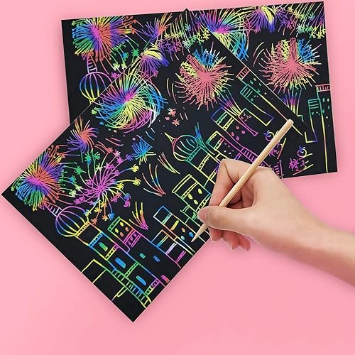 Dessin Gratter pour Enfants, Feuilles à Gratter Papier Gratter Carte pour Écriture avec 4 Règles de Gabarit pour Gabarit de Dessin et 5 Stylets en Bois (50 Feuilles) - Nail Gallerys