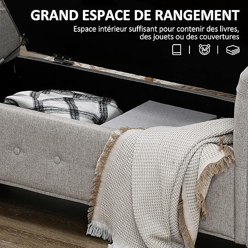 HOMCOM Banc de Rangement, Bout de lit, Coffre de Rangement en Tissu Aspect Lin avec Pieds en Bois, 146,5 x 49 x 72 cm, Gris - Nail Gallerys