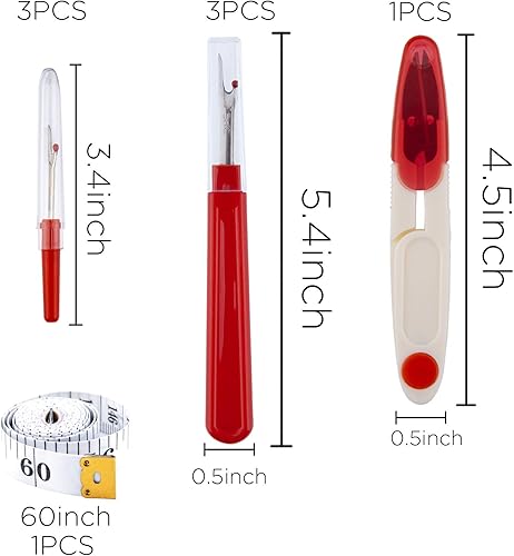LUTER 8 Pièces Kit de Seam Ripper de Couture - 3 Découseurs 7 mm + 3 Décrocheurs de Points de Couture 13 mm, 1 Ciseaux de Coupe de Couture, 1 Ruban à Mesurer 150 cm - Rouge - Nail Gallerys