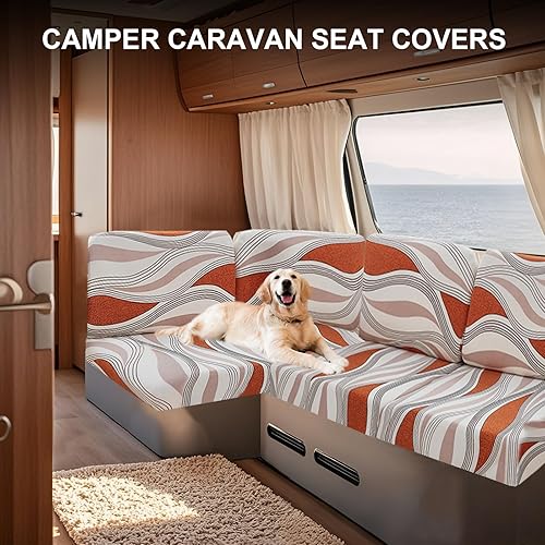 UNBBRRL Imprimé Housse Coussin Canape Camping Car, Extensible Antidérapant RV Dinette Cushion Cover, Housse De Banquette Mobil Home with 4 Dentelles (Orange Waves,Backrest) - Nail Gallerys