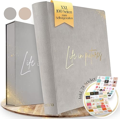 KenVia® Album photo à personnaliser - XXL - 100 pages blanches (50 feuilles) avec autocollants et boîte cadeau - Grand album photo pour 400 photos - Racontez votre vie en images - Nouveau livre photo - Nail Gallerys