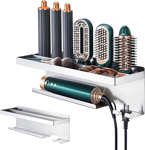 LOXSUN Support Sèche-Cheveux Mural & Lisseur - Organiseur de Salon sans Percage pour Fer à Boucler, Brosse Soufflante et Accessoires - en Acier Inoxydable, Idéal Salle de Bain,Support seche Cheveux - Nail Gallerys