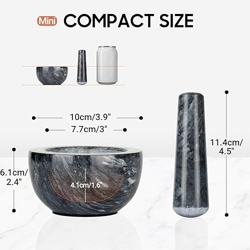 Parmedu Ensemble Mortier et Pilon en Marbre: Petit Broyeur de Cuisine en Marbre Naturel de 10cm de Diamètre - Broyeur à Épices Manuel, Broyeur à Herbes, Broyeur à Pilules avec Pilon en Noir - Nail Gallerys