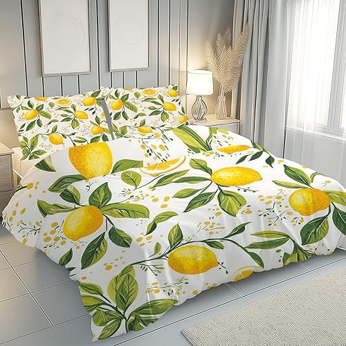 Sobhdga Citron Fruits Tropicaux Housse de Couette 240x260, Feuilles Tropicales Parure de Lit Réversible en Microfibre Douce avec Fermeture Éclair 2 Pièces avec 2 Taies d'oreiller - Nail Gallerys