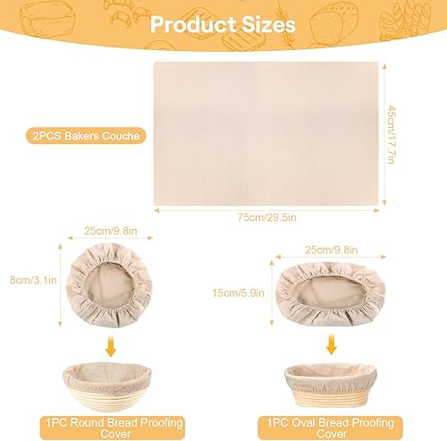 MXTIMWAN Toile de Lin pour la Cuisson du Pain - 2 Pièces Tissu de Boulanger Fermenté + 2 Pièces Banneton à Pain Doublure - Toile à Pâte pour Fermentation - Nail Gallerys