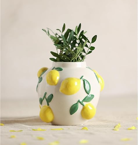 Hestia Vase Citron Avec Citrons Gaufrés - Vase en Céramique Style Méditerranéen pour Fleurs Fraîches ou Faux Fleurs Fantaisie Printemps Eté Décor Maison - H 12cm x L 12cm - Nail Gallerys