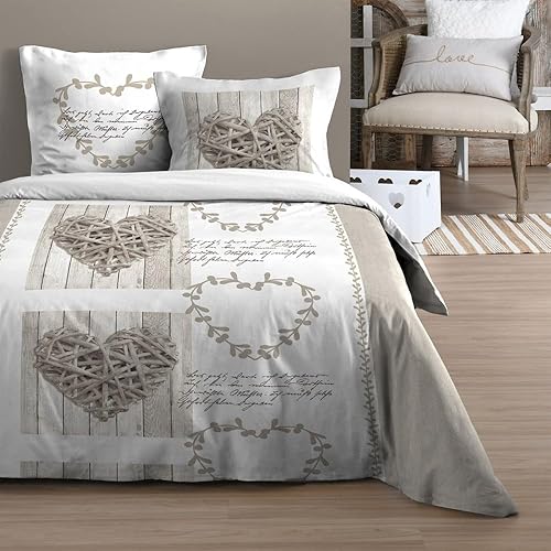 Lovely Casa Housse de Couette Margaux, Coeur Romantique, Marron Clair/Blanc, 2 Personnes, 100% Coton Oeko-Tex (220x240cm) - Nail Gallerys