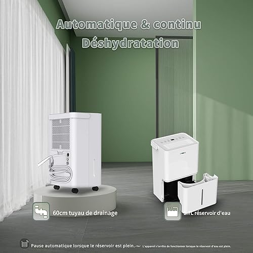 Uhome Déshumidificateur électrique, 12 l/24 h, déshumidificateur d'ambiance 54 m³/18 m², avec arrêt automatique, capteur d'humidité, mode lavage et filtre à charbon actif, tuyau d'arrosage - Nail Gallerys