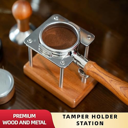 NEOUZA Station de tassage pour café, porte-filtre, s'adapte à la plupart des machines à expresso, hauteur réglable, acajou sapelli, acier inoxydable (51 mm) - Nail Gallerys